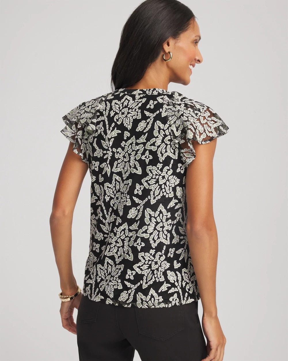 Chico's Sale Black Lace Floral-Burnout Henley Tee