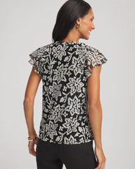 Chico's Sale Black Lace Floral-Burnout Henley Tee