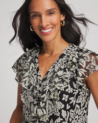 Chico's Sale Black Lace Floral-Burnout Henley Tee