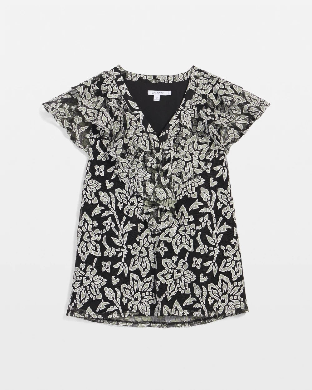 Chico's Sale Black Lace Floral-Burnout Henley Tee
