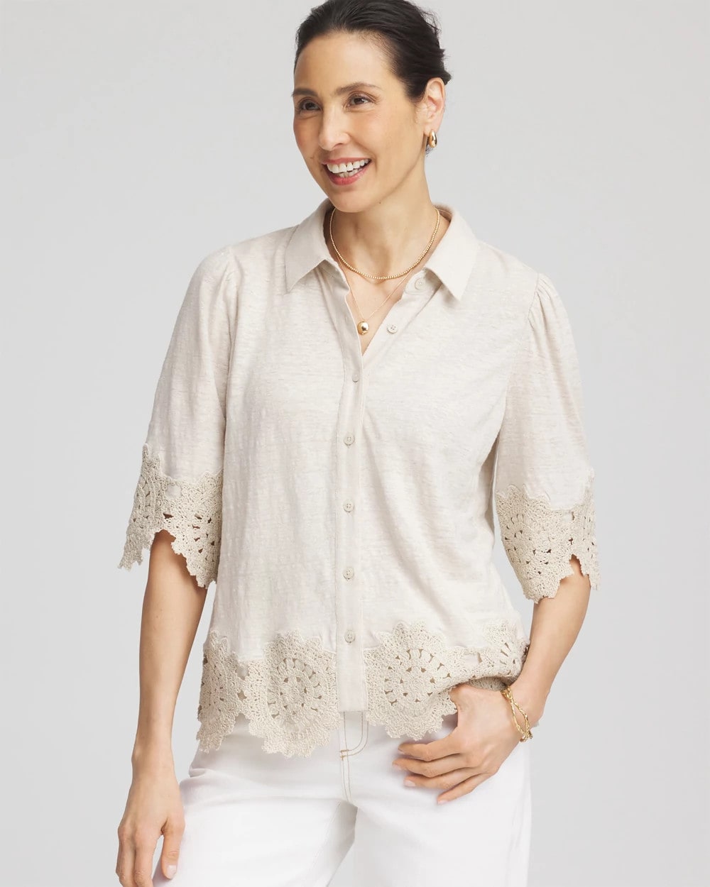 Chico's For Sale River Rock Crochet Trim Linen Shirt
