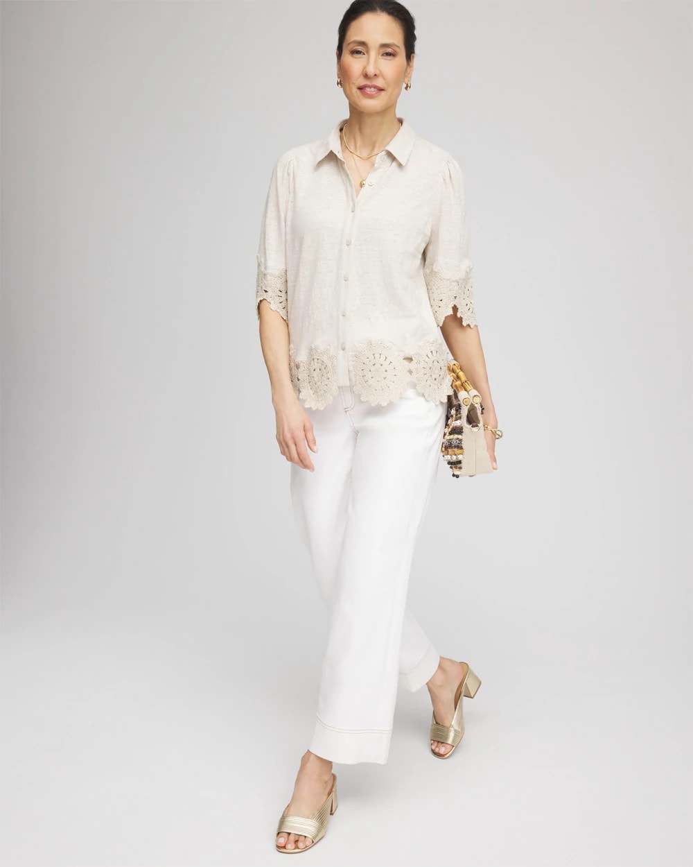 Chico's For Sale River Rock Crochet Trim Linen Shirt