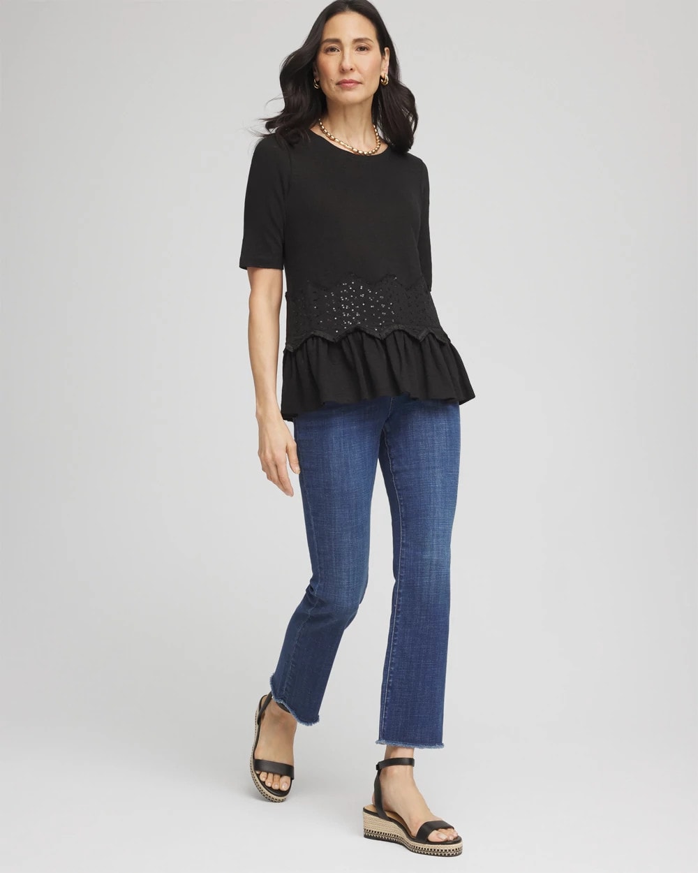Chico's Discount Black Chevron Sequin Peplum Linen Tee