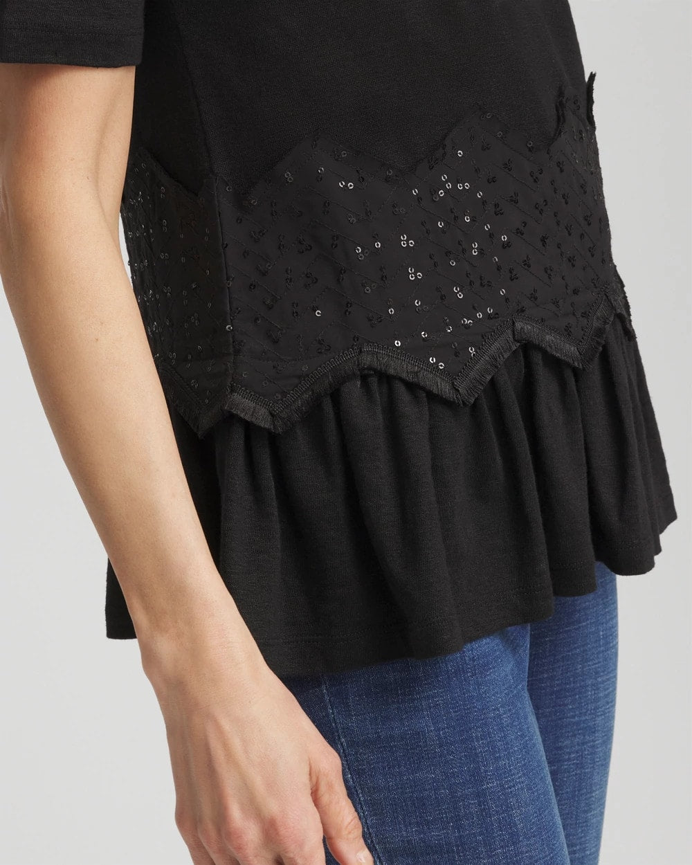 Chico's Discount Black Chevron Sequin Peplum Linen Tee
