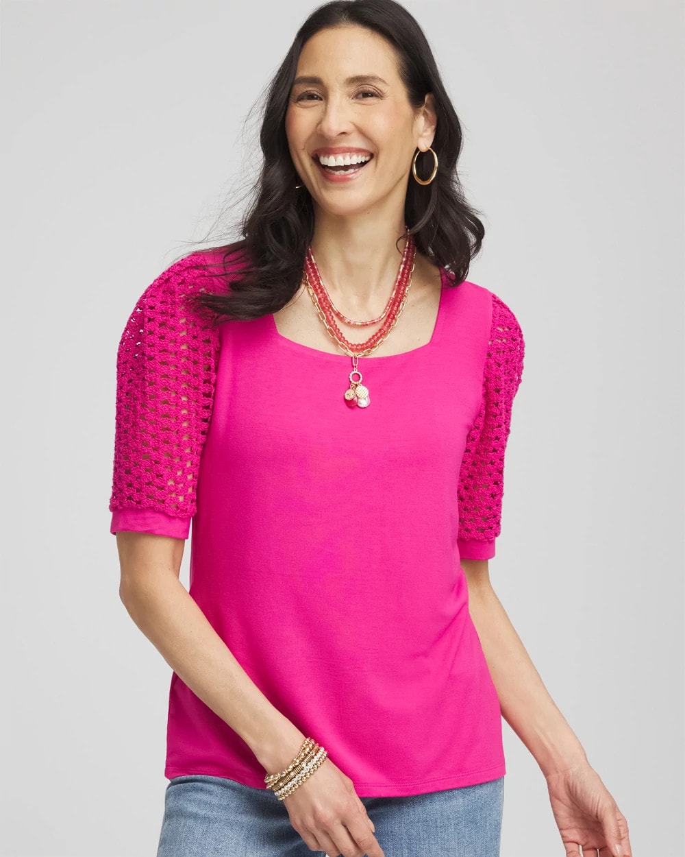 Chico's Sale Crushed Berries Touch of Cool™ Crochet Lace Square-Neck Tee