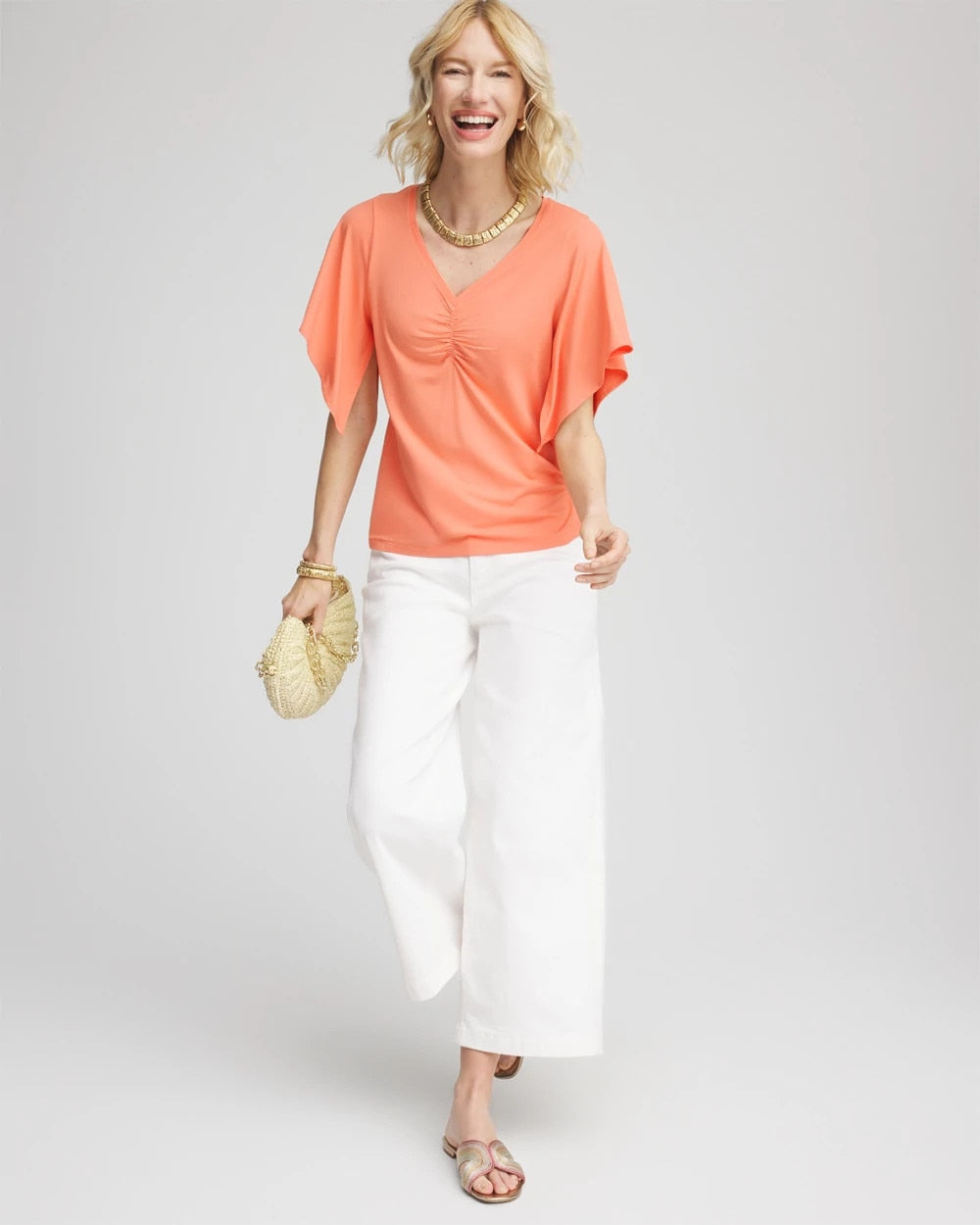 Chico's Outlet Sunset Peach Touch of Cool™ Handkerchief-Sleeve V-Neck Tee