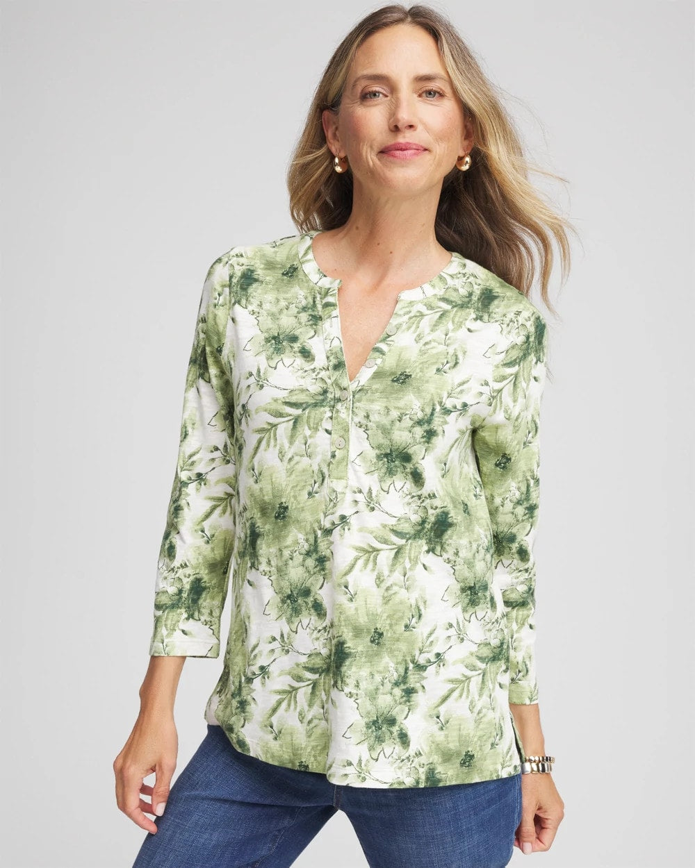 Chico's Discount Sage Meadow Printed Slub Splitneck Henley Tee