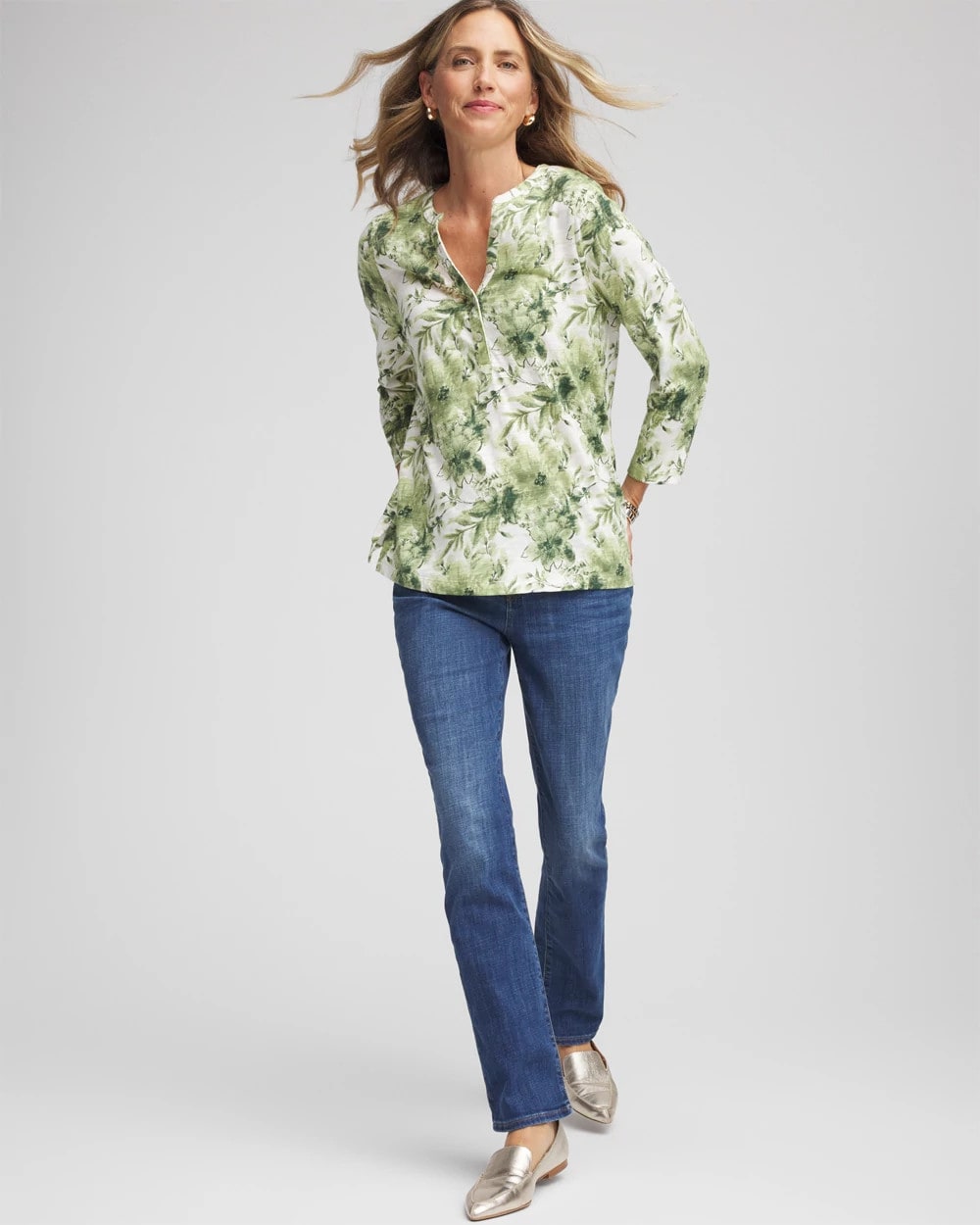 Chico's Discount Sage Meadow Printed Slub Splitneck Henley Tee