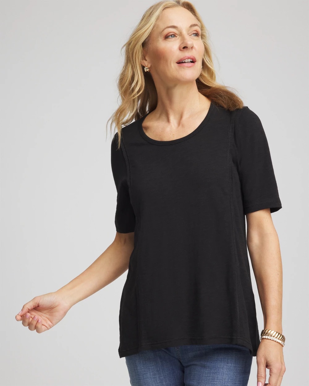 Chico's On Sale Black Slub Paneled Elbow Tee