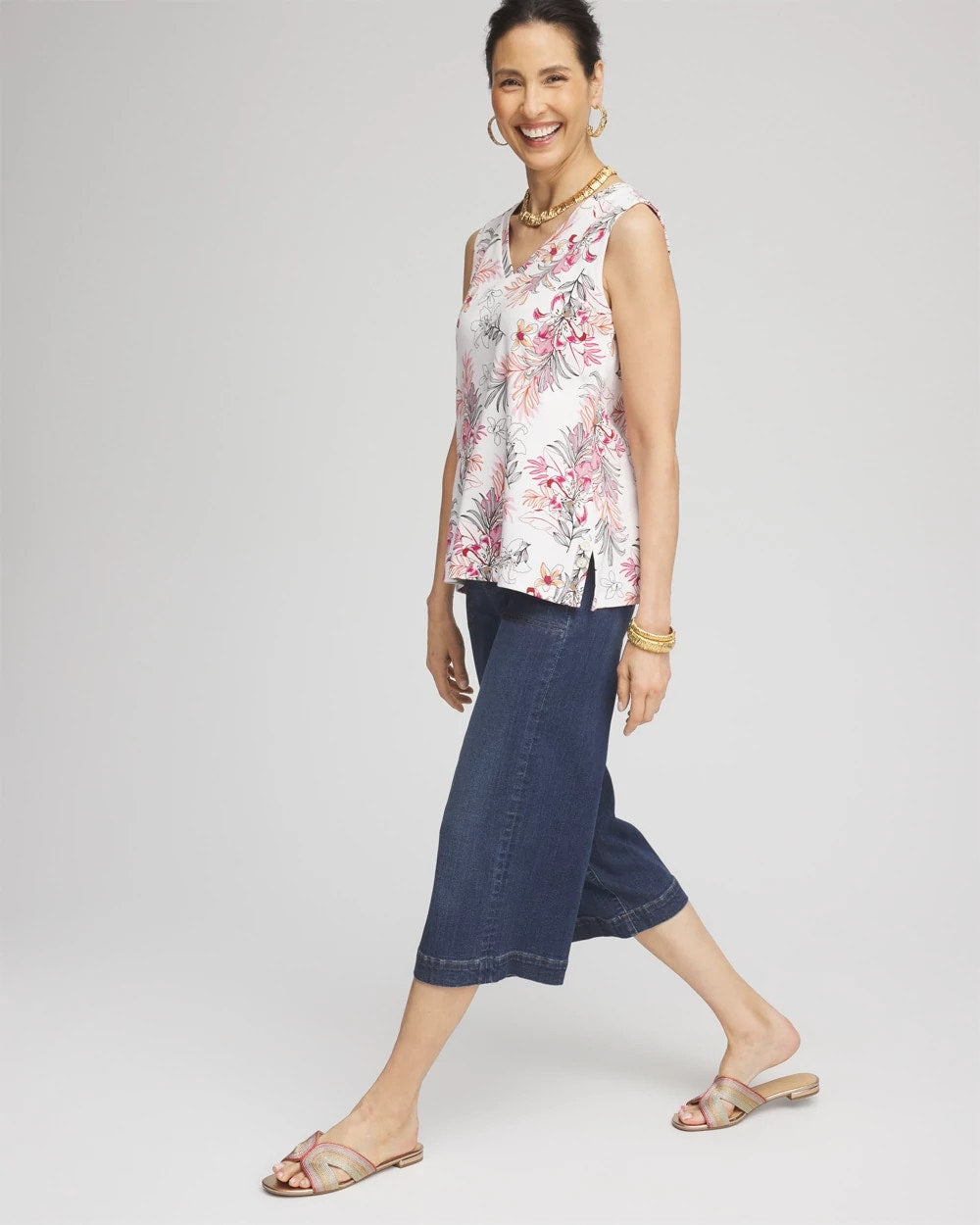 Chico's Discount Alabaster Floral Sleeveless V-Neck Tank