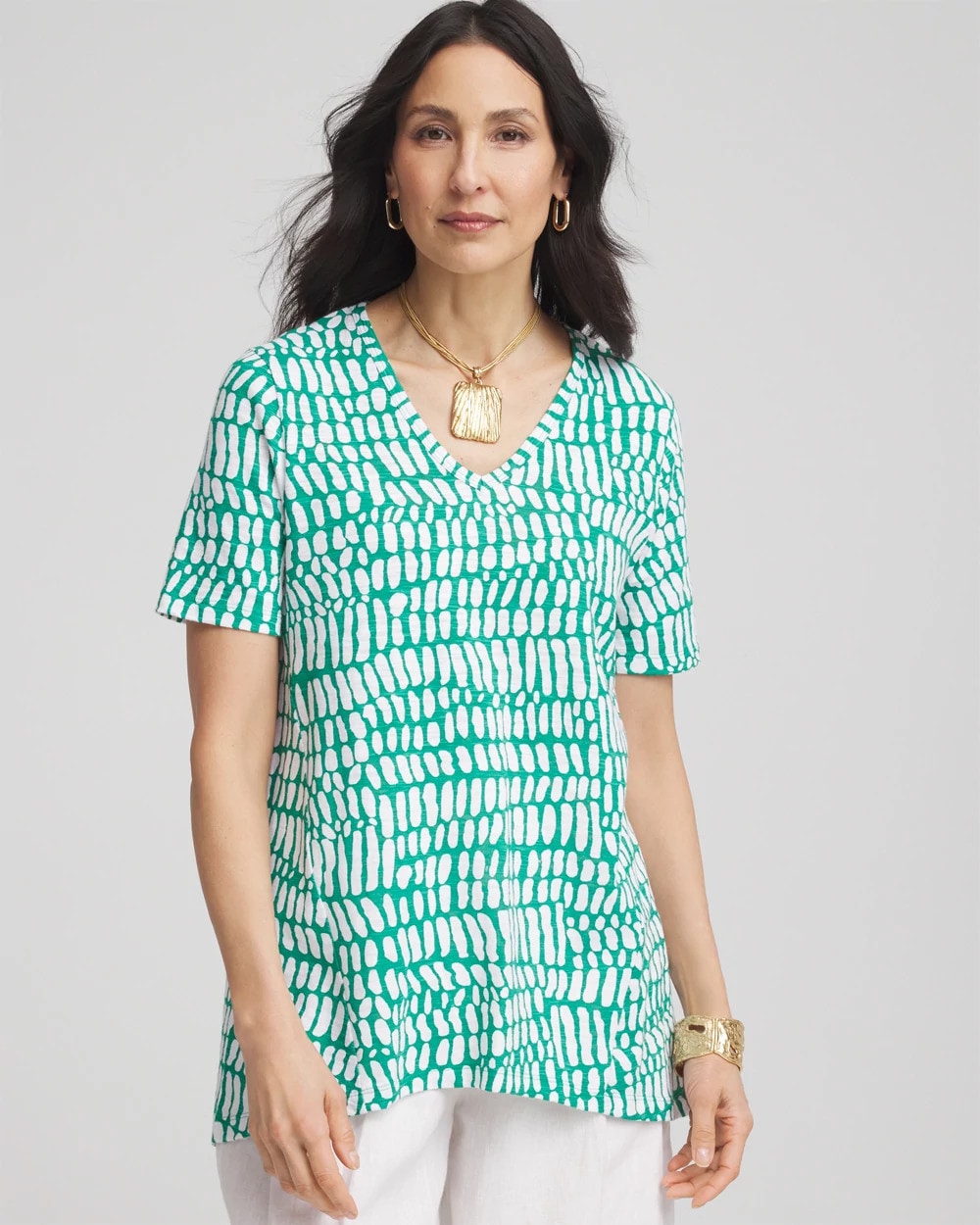 Chico's Sale Eden Green Tropical Short Sleeve Forward-Seam Tee