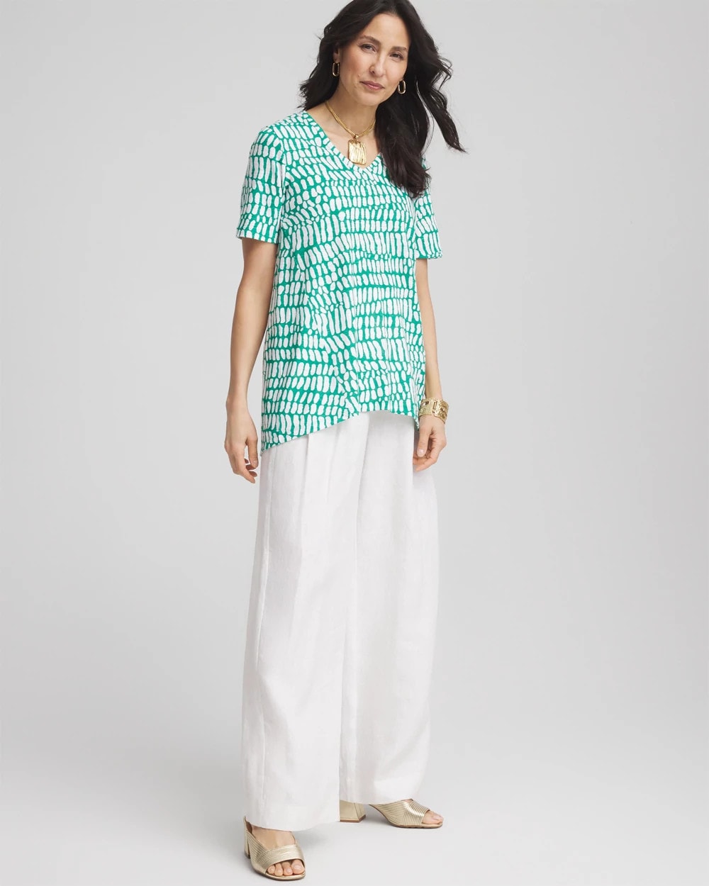 Chico's Sale Eden Green Tropical Short Sleeve Forward-Seam Tee