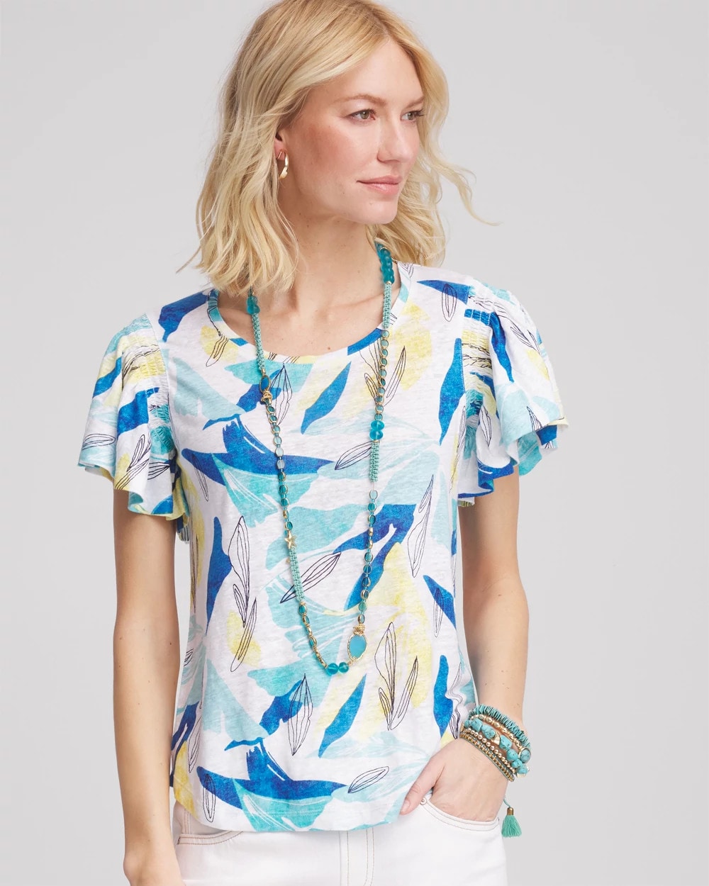 Chico's Online Alabaster Linen Smocked Flutter-Sleeved Tee