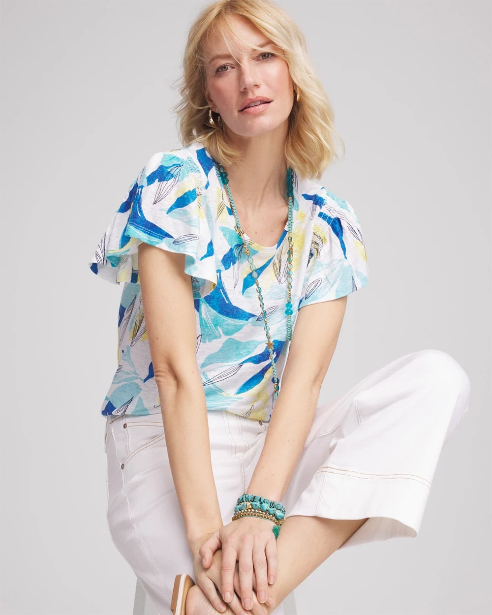 Chico's Online Alabaster Linen Smocked Flutter-Sleeved Tee