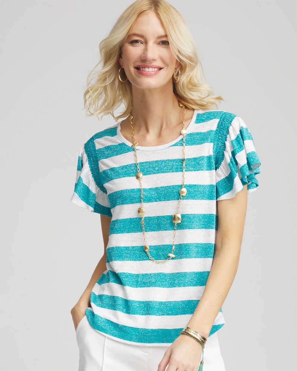 Chico's Discount Seaspray Linen Metallic Striped Flutter-Sleeve Tee