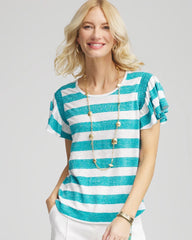 Chico's Discount Seaspray Linen Metallic Striped Flutter-Sleeve Tee