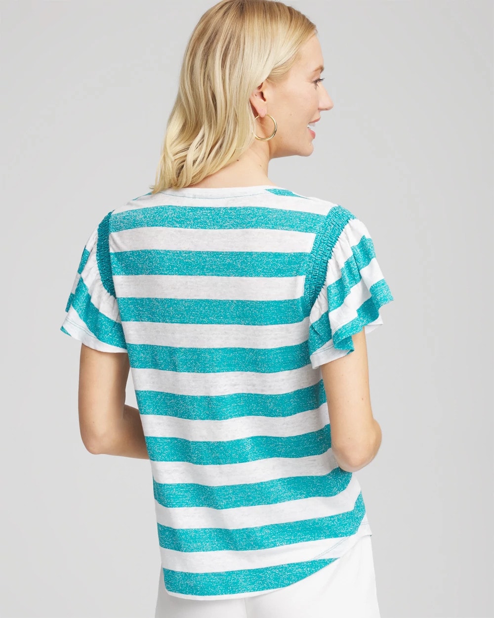 Chico's Discount Seaspray Linen Metallic Striped Flutter-Sleeve Tee
