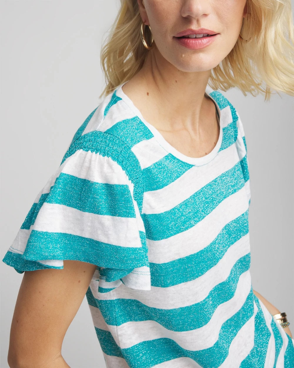 Chico's Discount Seaspray Linen Metallic Striped Flutter-Sleeve Tee