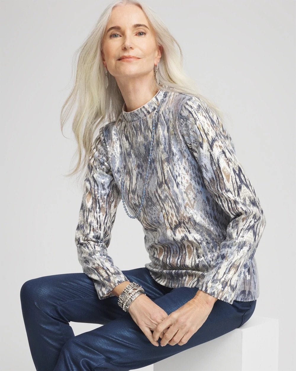 Chico's Sale Classic Navy Sequin Reptile Funnel Neck tee