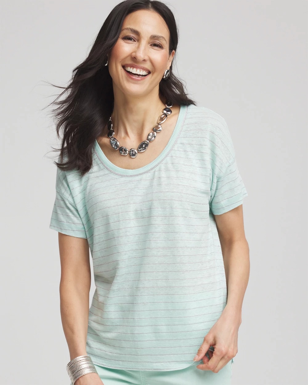 Chico's Outlet Teal Waters Striped Sweater-Trim Linen Tee