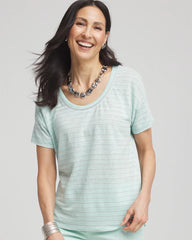 Chico's Outlet Teal Waters Striped Sweater-Trim Linen Tee