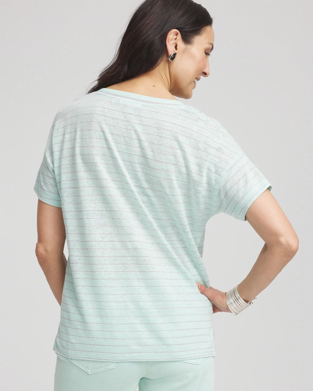 Chico's Outlet Teal Waters Striped Sweater-Trim Linen Tee