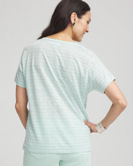 Chico's Outlet Teal Waters Striped Sweater-Trim Linen Tee