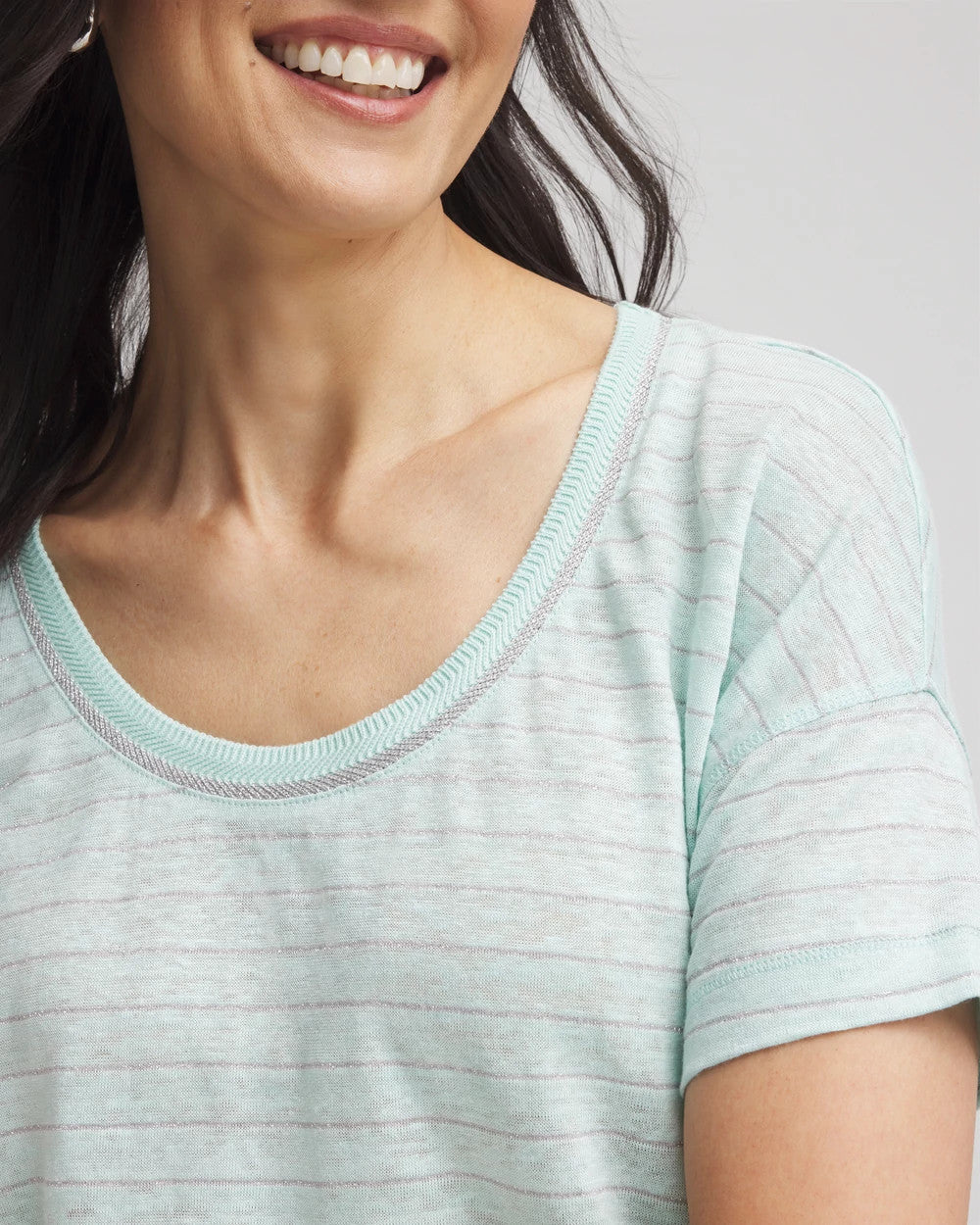 Chico's Outlet Teal Waters Striped Sweater-Trim Linen Tee