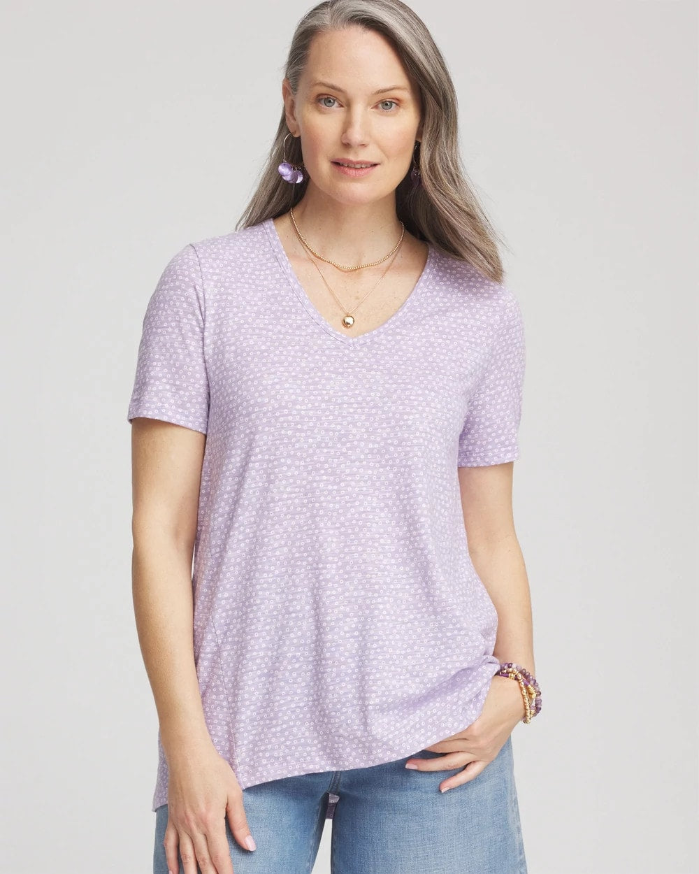 Chico's Discount Gentle Lavender Polka-Dot Short Sleeve Forward Seam Tee