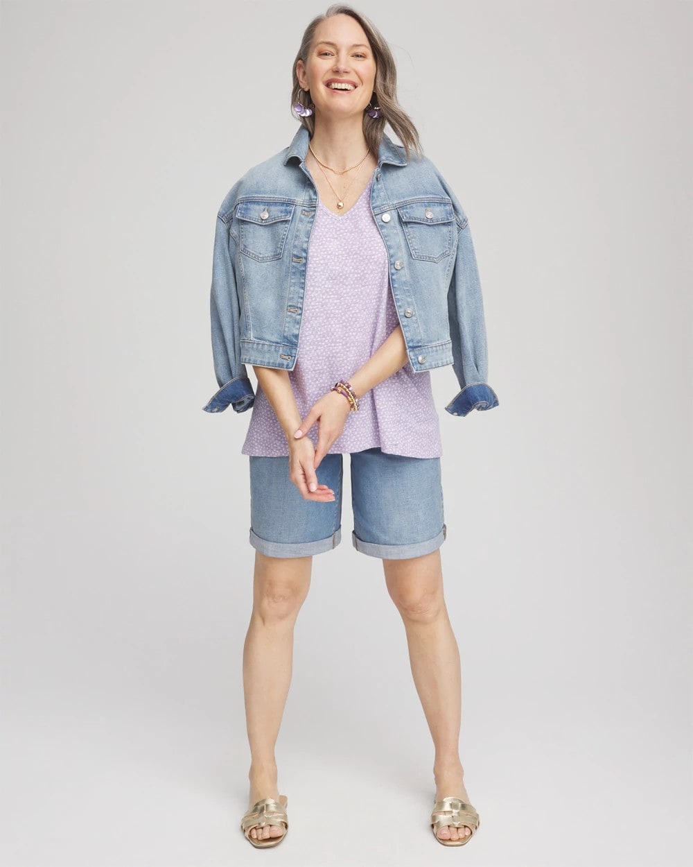 Chico's Discount Gentle Lavender Polka-Dot Short Sleeve Forward Seam Tee