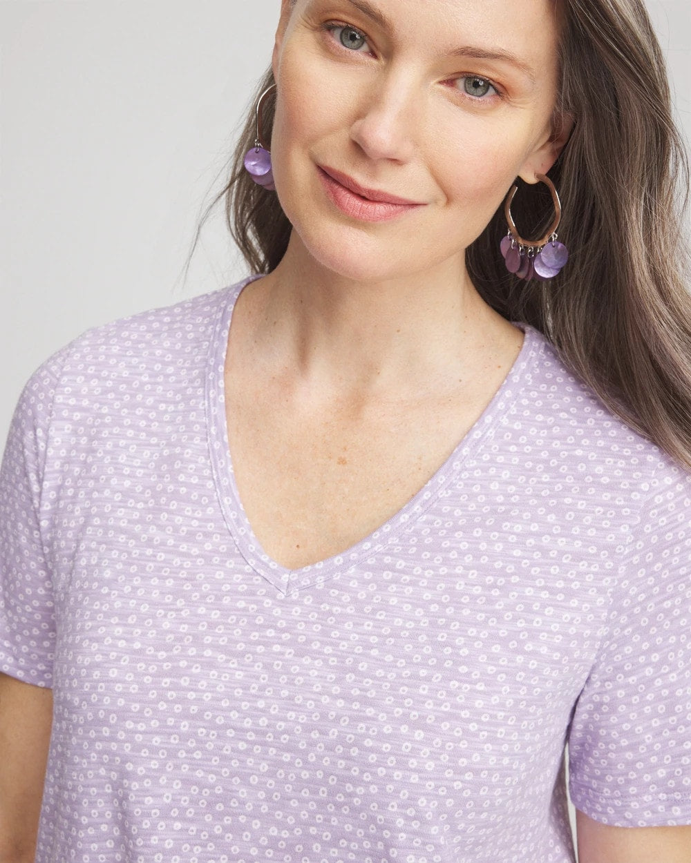Chico's Discount Gentle Lavender Polka-Dot Short Sleeve Forward Seam Tee