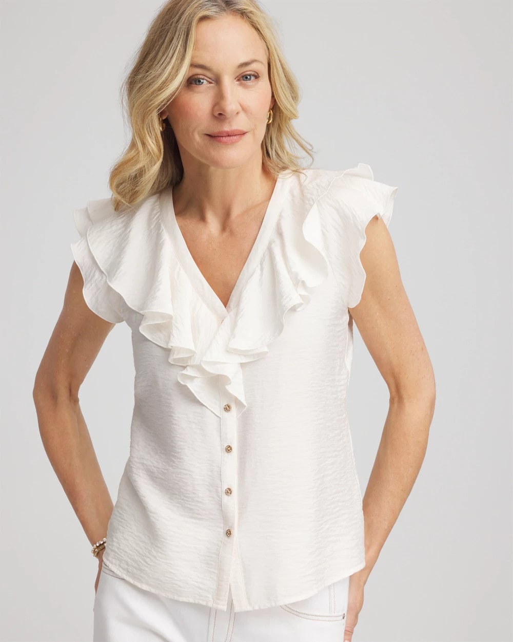 Chico's For Sale Ecru Crepe Ruffle-Trim Blouse