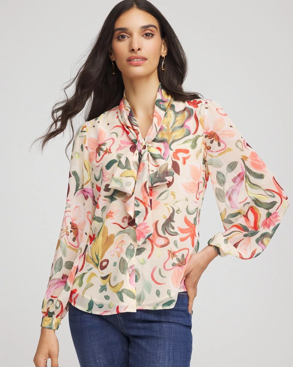 Chico's Discount Cashew Floral Jacquard Tie-Front Blouse