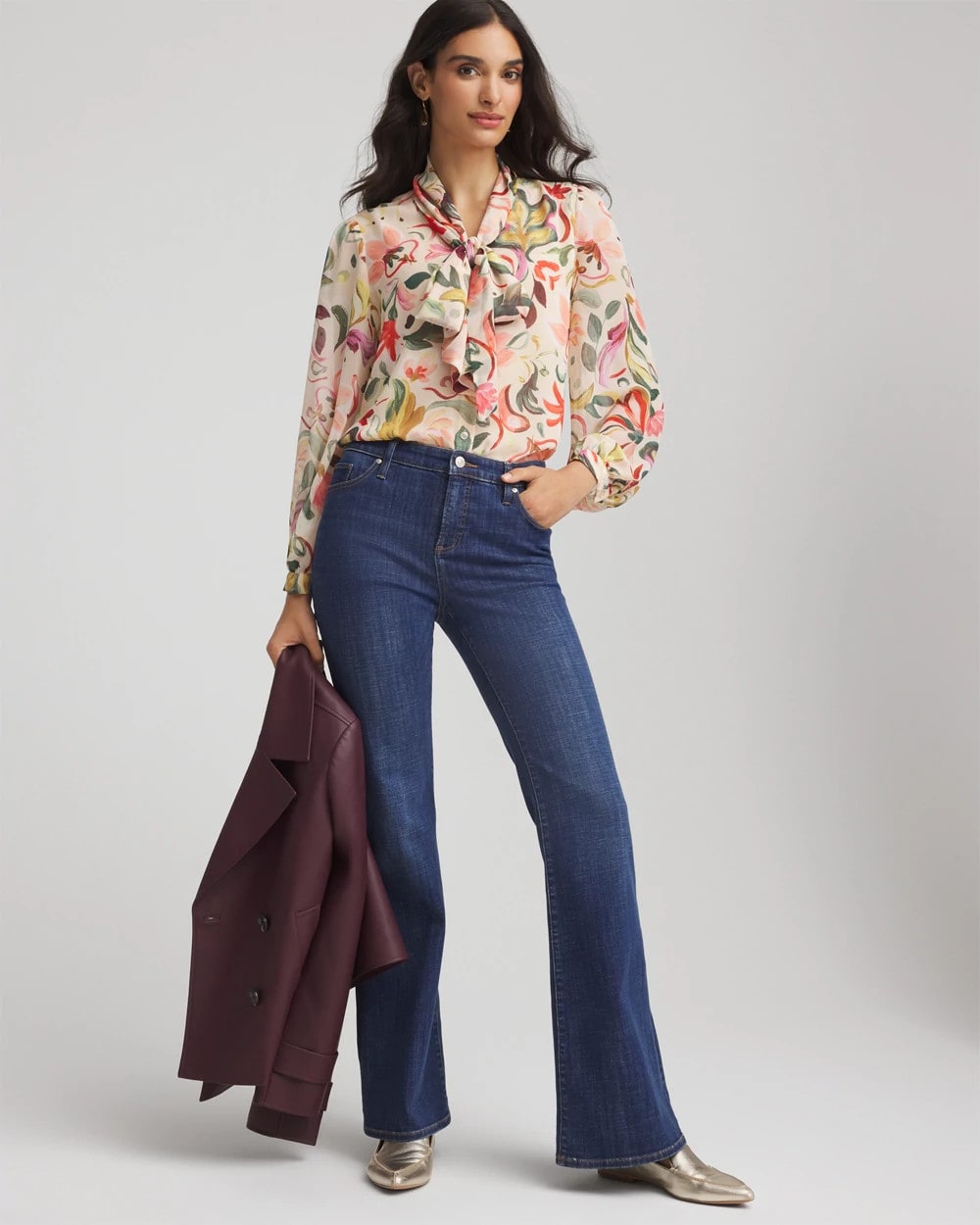 Chico's Discount Cashew Floral Jacquard Tie-Front Blouse