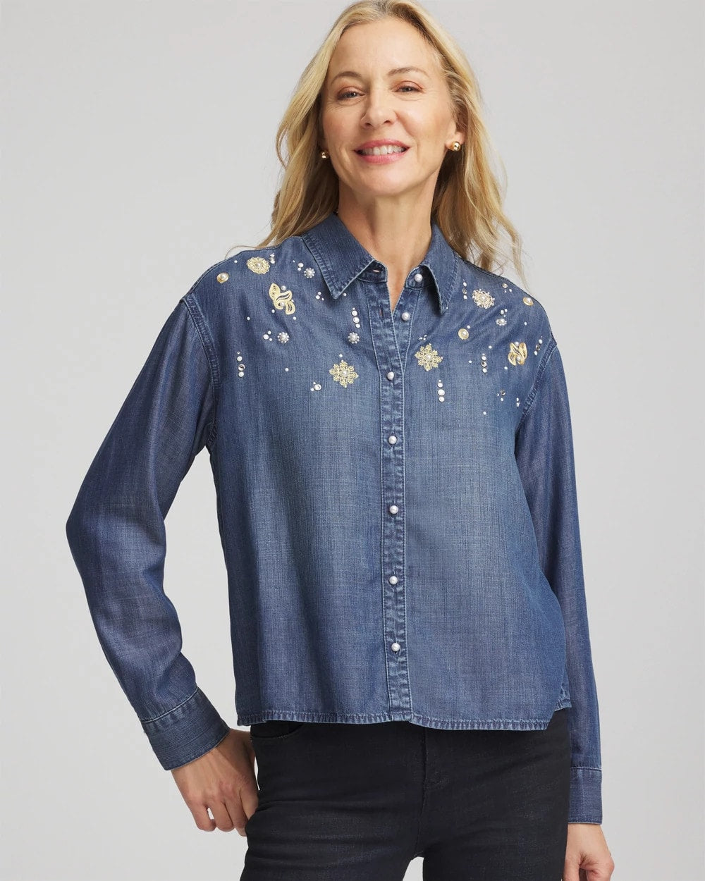 Chico's Sale Kiruna Indigo Embellished Tencel Collar Shirt