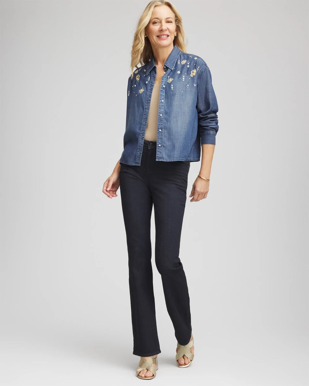 Chico's Sale Kiruna Indigo Embellished Tencel Collar Shirt