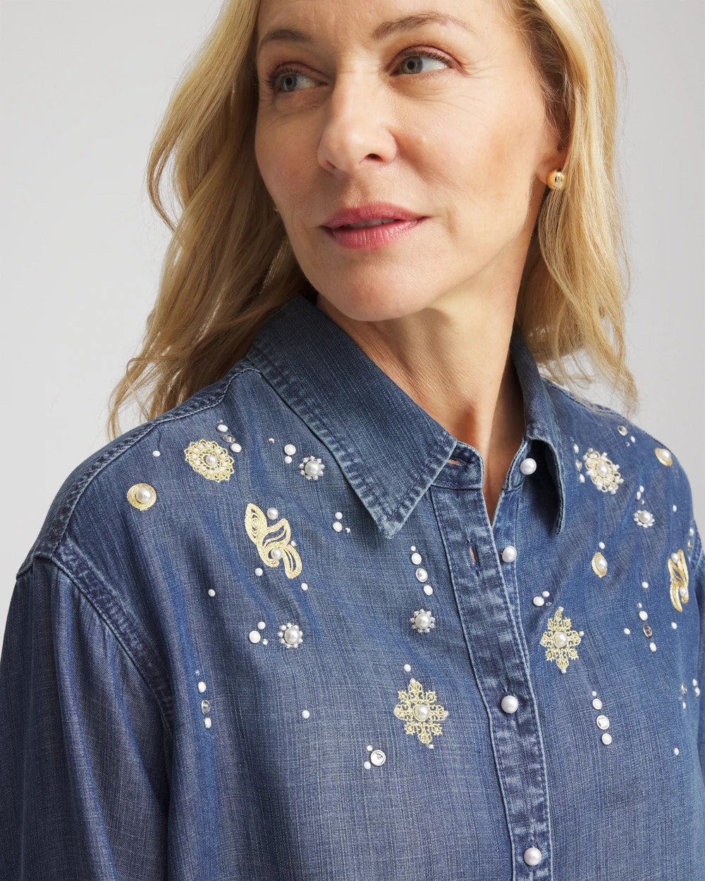 Chico's Sale Kiruna Indigo Embellished Tencel Collar Shirt