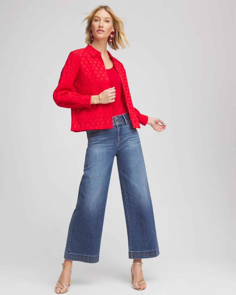 Chico's Outlet Love Letter Red Heart Eyelet Button Down Shirt