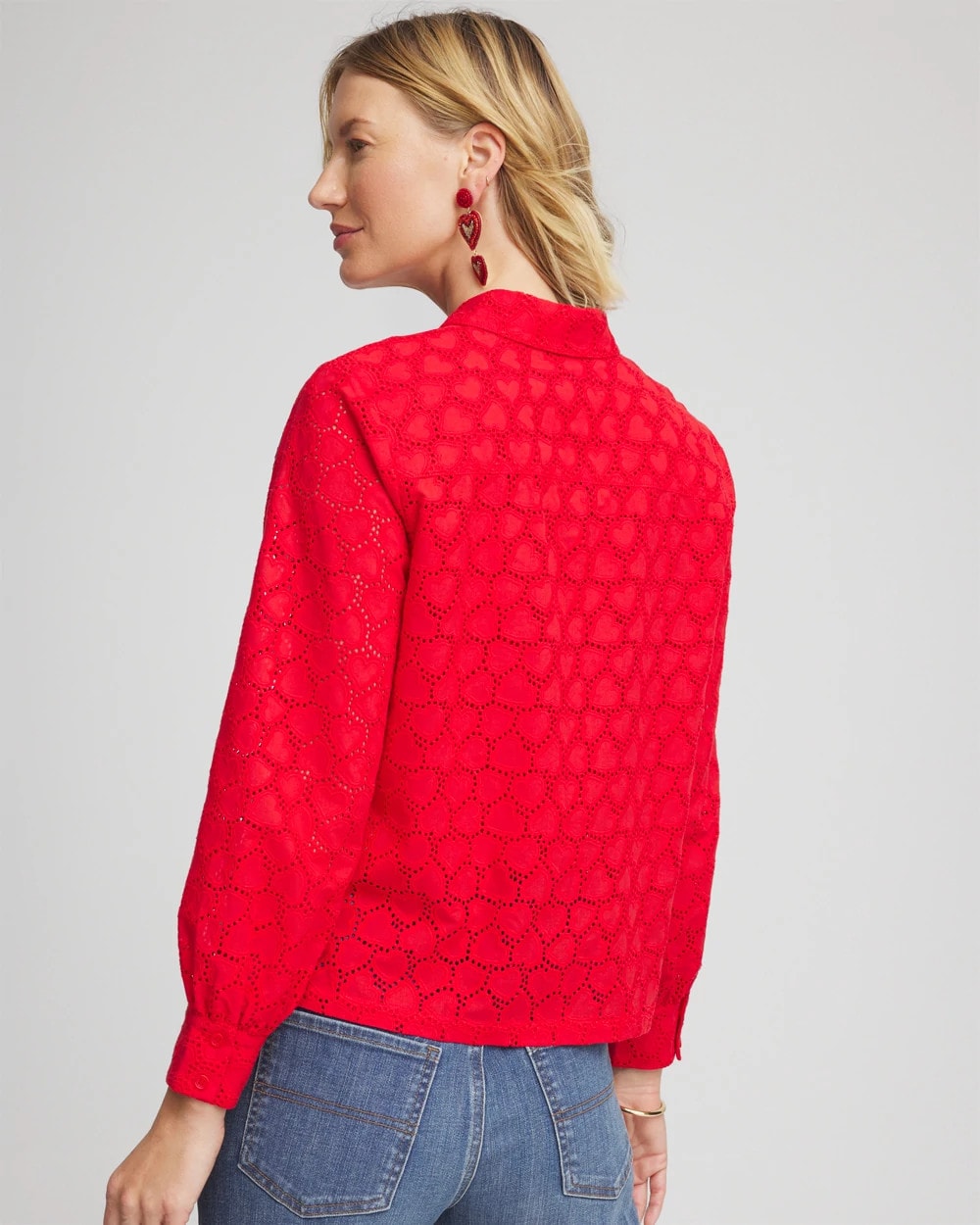 Chico's Outlet Love Letter Red Heart Eyelet Button Down Shirt