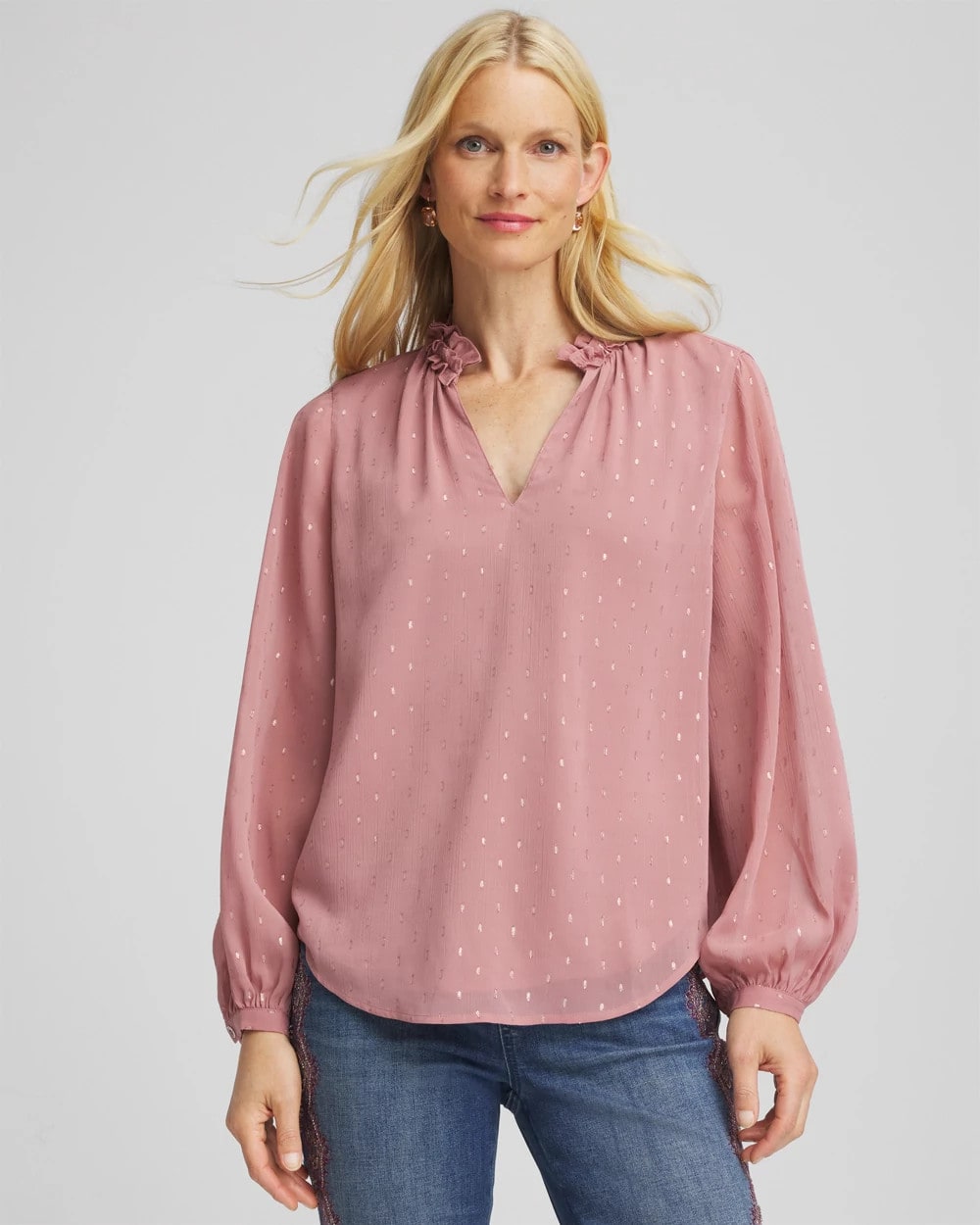 Chico's On Sale Dusty Rose Ruffleneck Lined Georgette Blouse