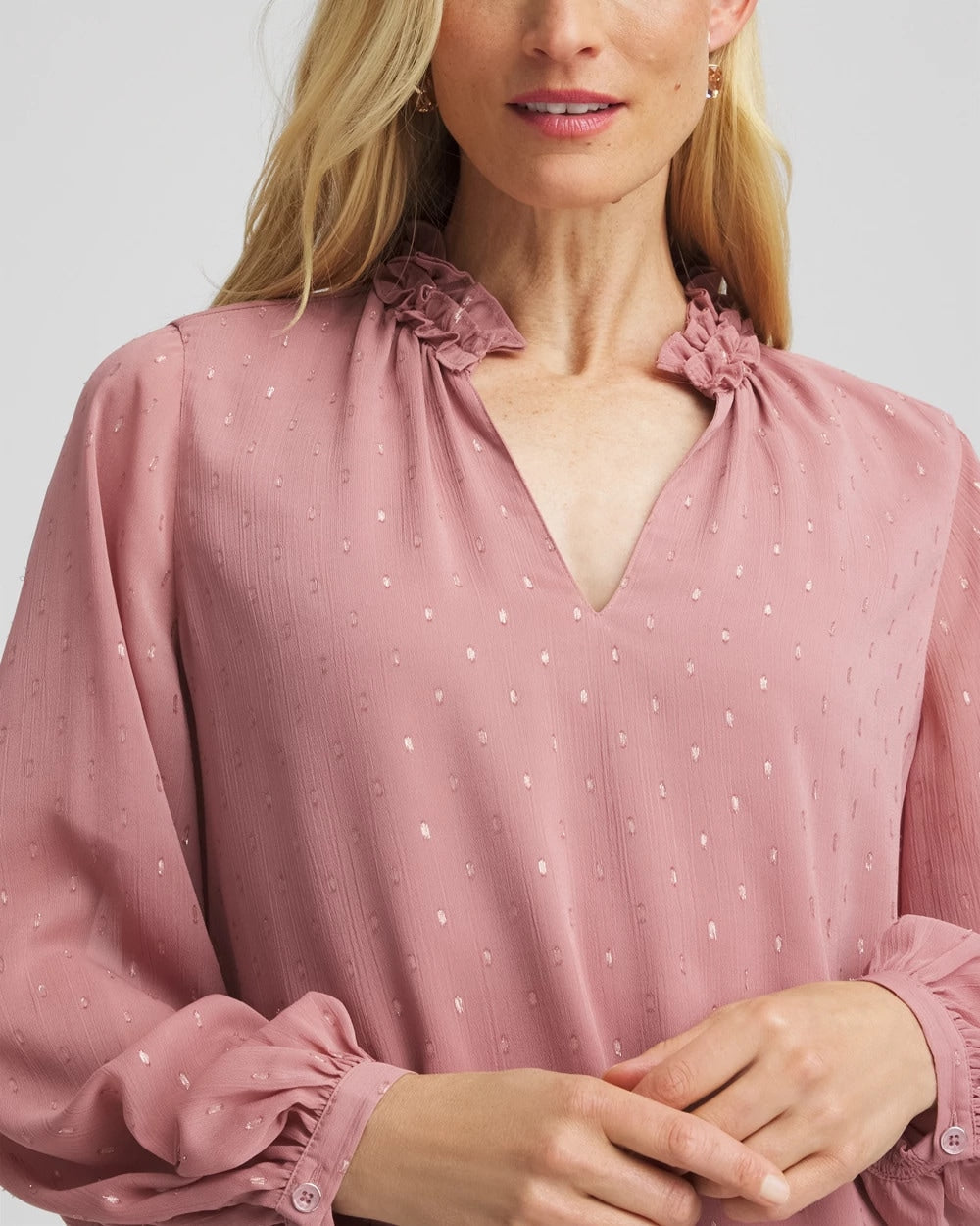 Chico's On Sale Dusty Rose Ruffleneck Lined Georgette Blouse