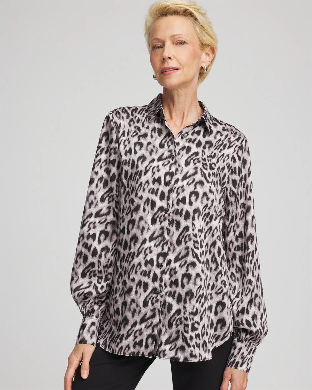 Chico's Online Dove Gray Faux Silk Snowy Animal Shirt