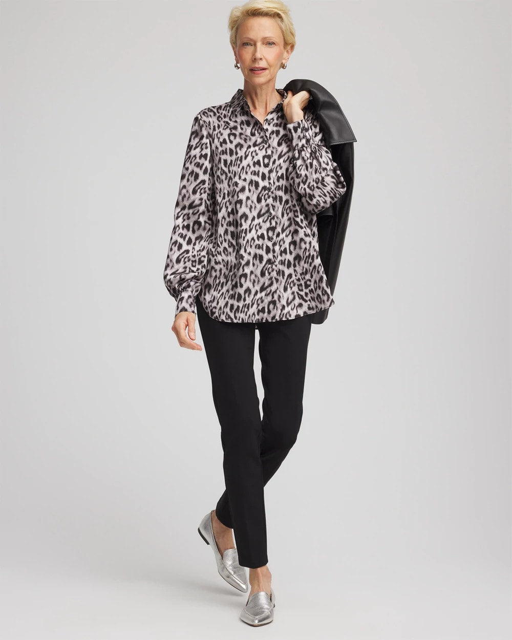 Chico's Online Dove Gray Faux Silk Snowy Animal Shirt