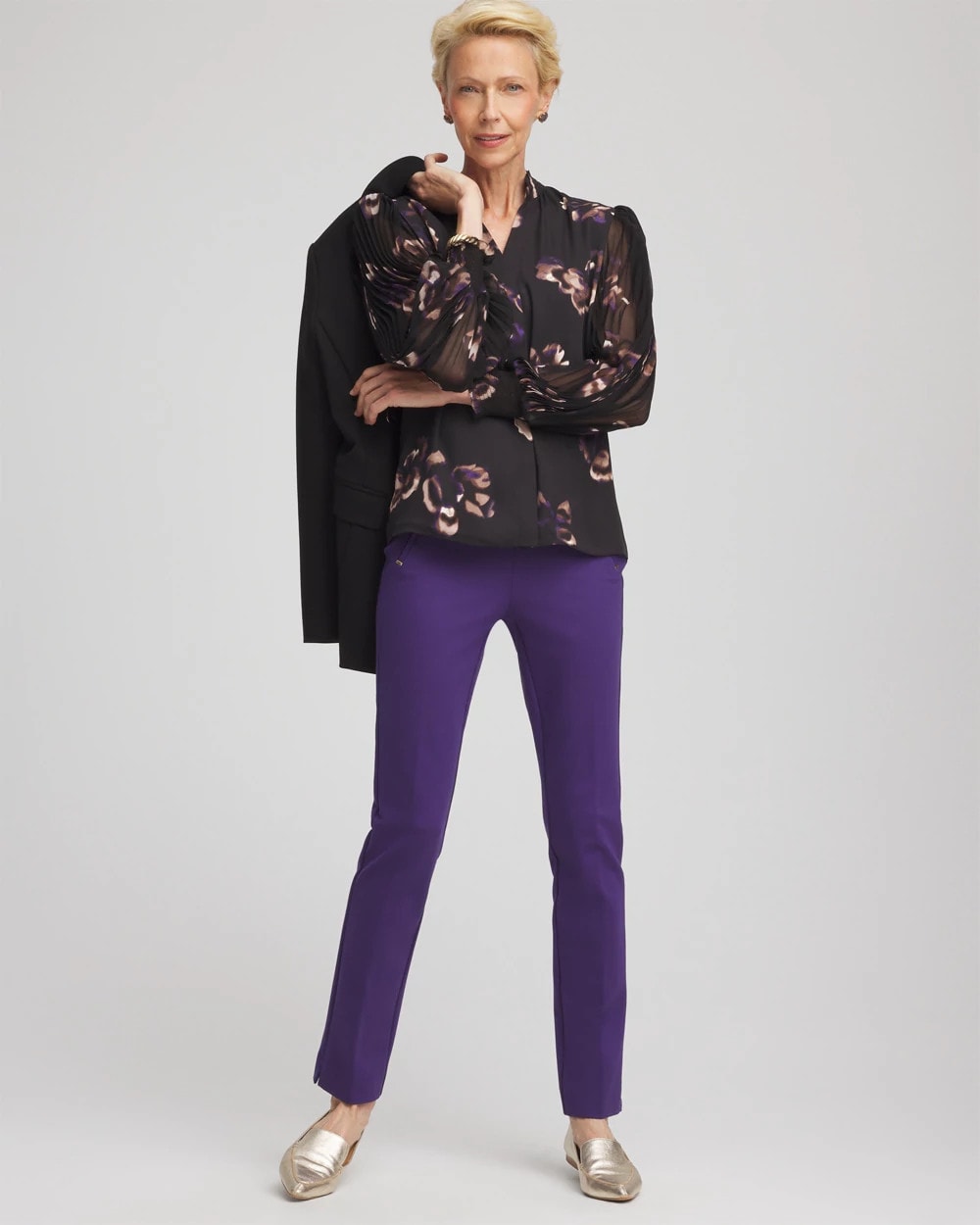 Chico's Discount Black Fjord Flora Opaque Crepe Blouse
