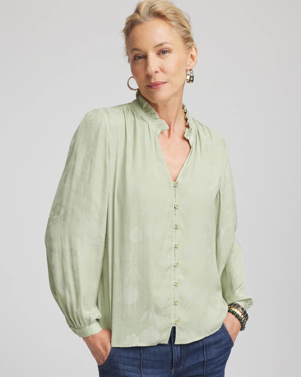 Chico's On Sale Sage Meadow Jacquard Georgette Peasant Blouse
