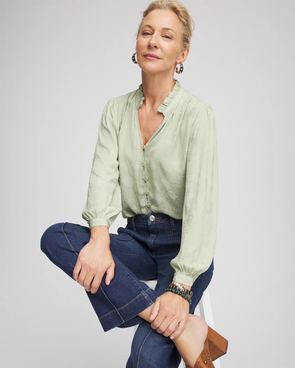 Chico's On Sale Sage Meadow Jacquard Georgette Peasant Blouse