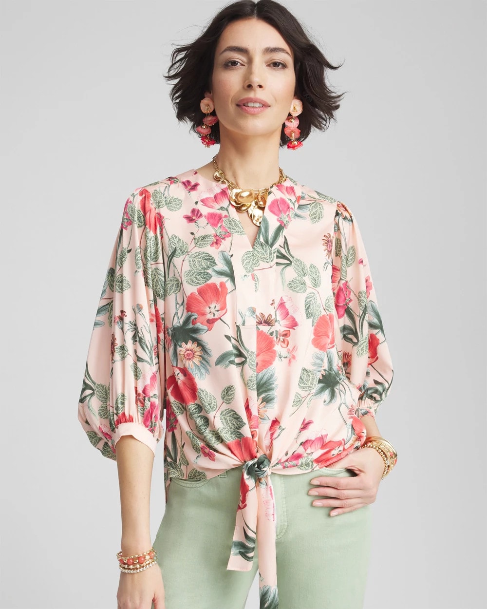 Chico's Discount Coral Blossom Floral Satin Tie-Front Pullover Top