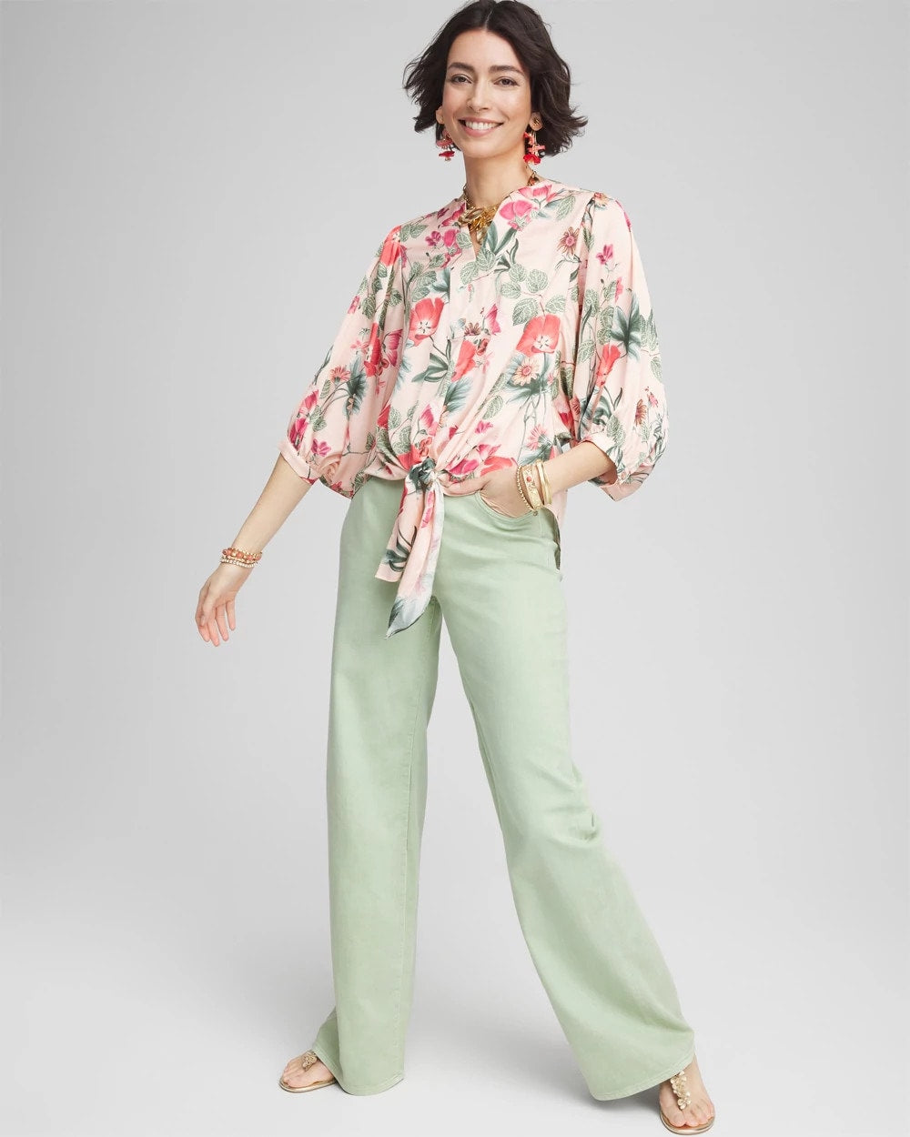 Chico's Discount Coral Blossom Floral Satin Tie-Front Pullover Top