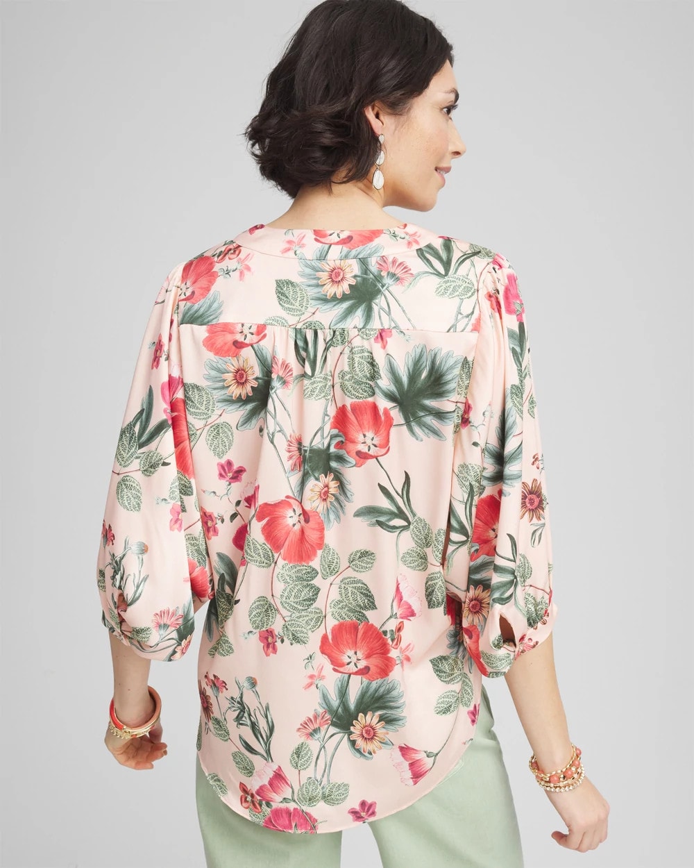 Chico's Discount Coral Blossom Floral Satin Tie-Front Pullover Top