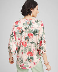 Chico's Discount Coral Blossom Floral Satin Tie-Front Pullover Top